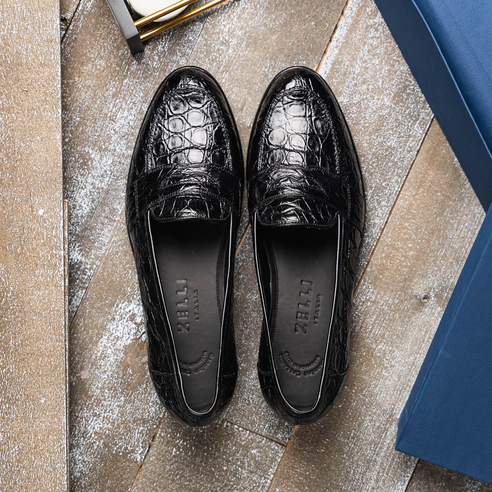 Tuscany Crocodile Penny Loafer in Black by Zelli Italia