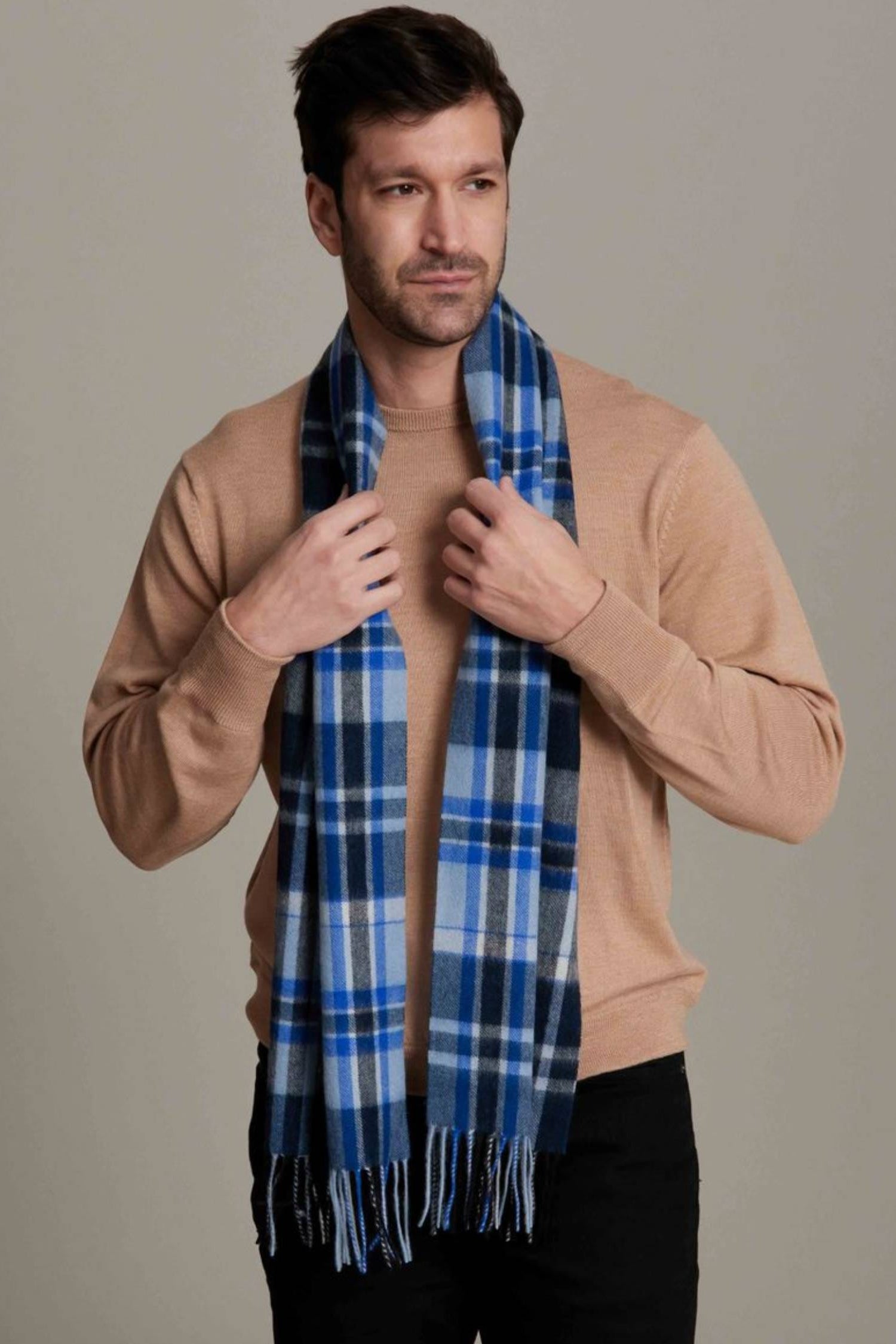 100% Cashmere Hudson Plaid Woven Scarf in Blue Grey Combo by Alashan Cashmere