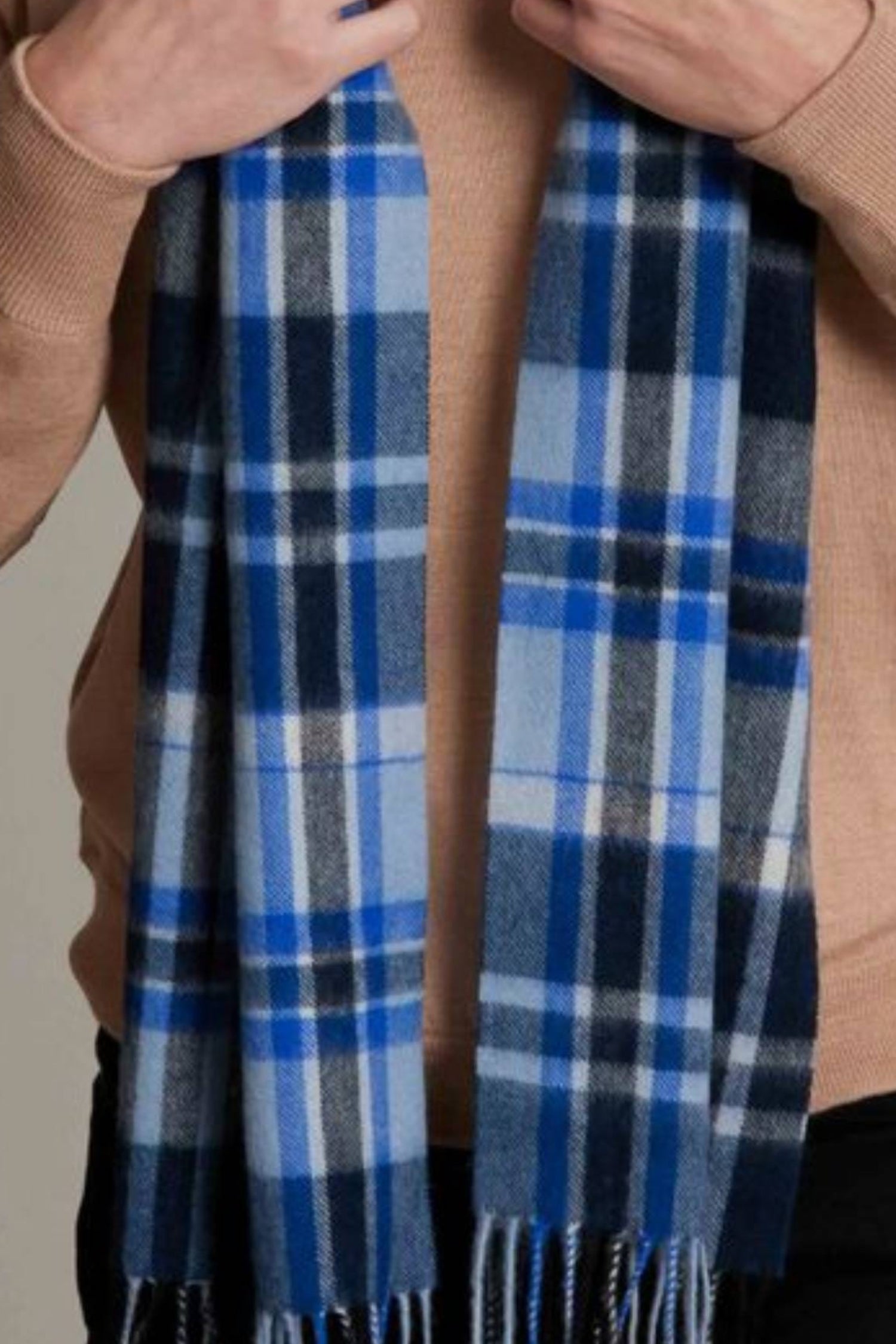 100% Cashmere Hudson Plaid Woven Scarf in Blue Grey Combo by Alashan Cashmere