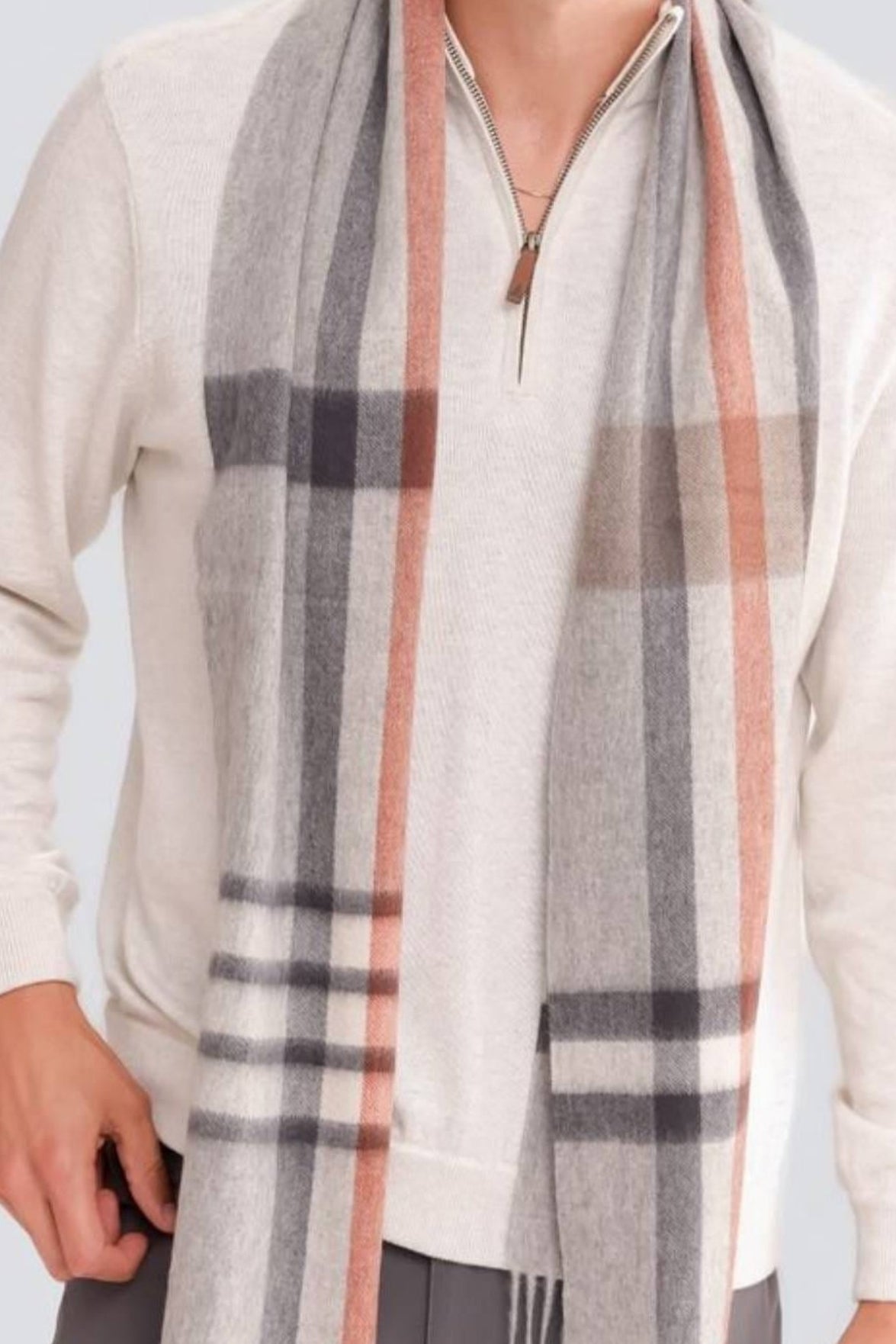 100% Cashmere Milan Plaid Woven Scarf in Grey and Salmon Combo by Alashan Cashmere