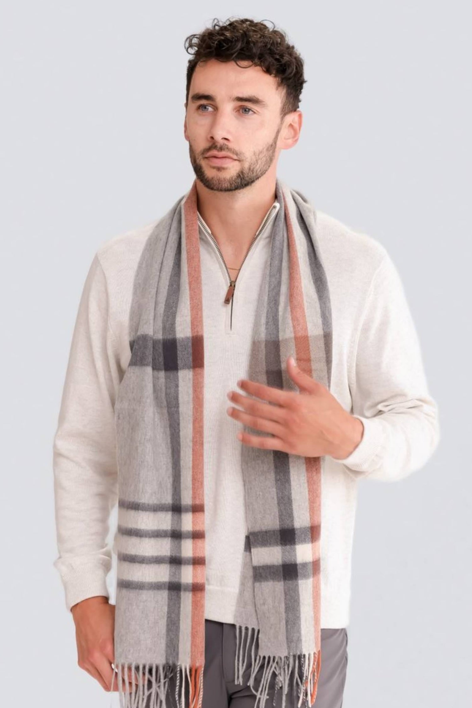 100% Cashmere Milan Plaid Woven Scarf in Grey and Salmon Combo by Alashan Cashmere