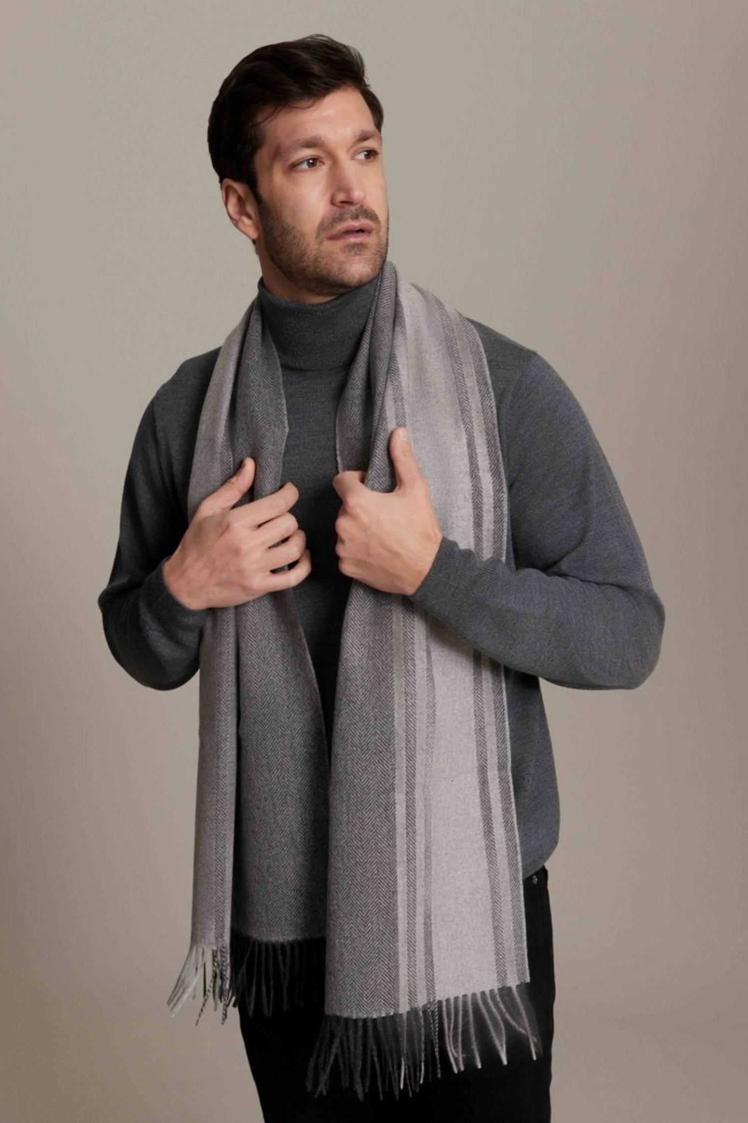 100% Cashmere Burlington Herringbone Stripe Woven Scarf in Grey Combo by Alashan Cashmere