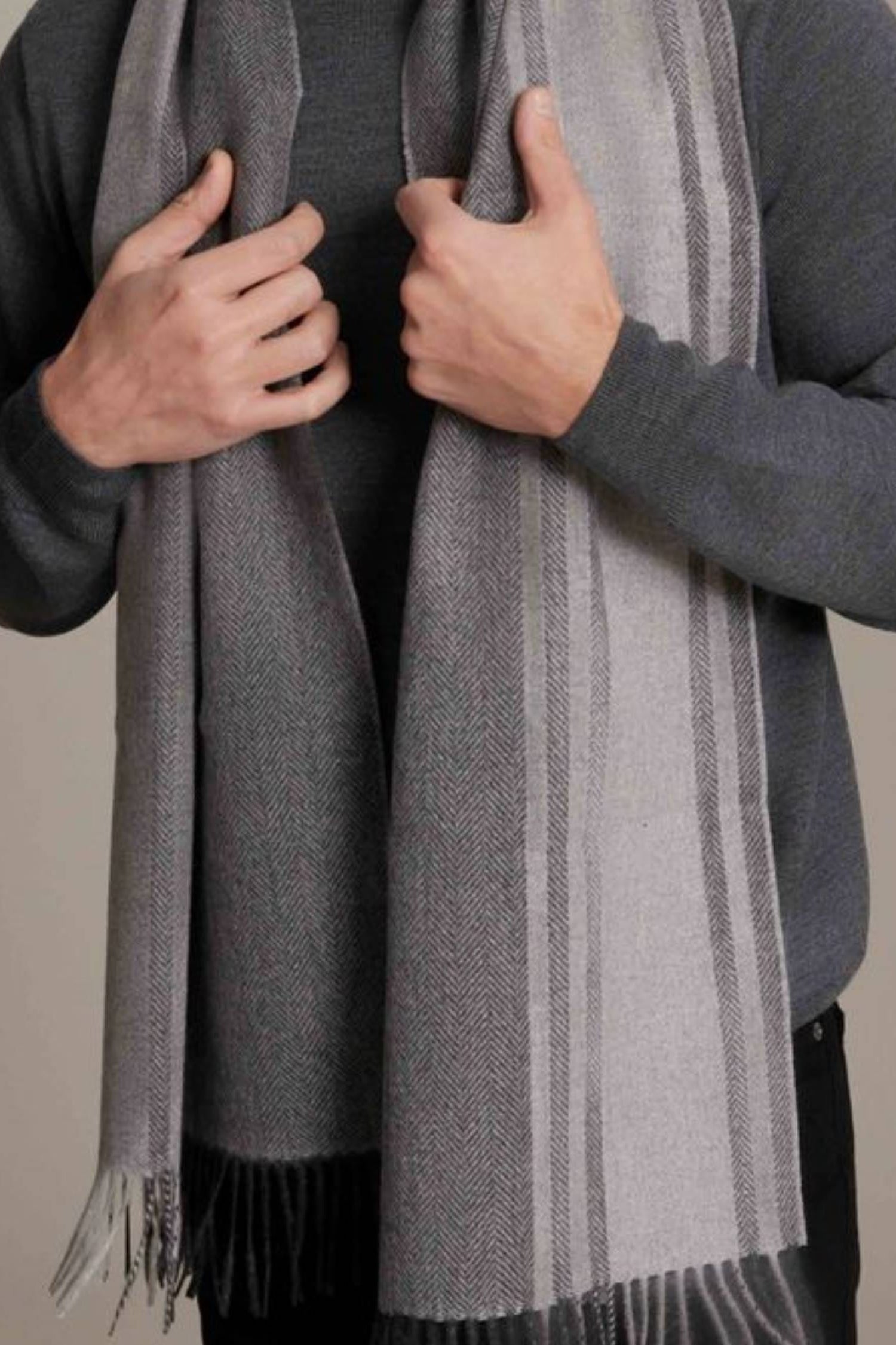 100% Cashmere Burlington Herringbone Stripe Woven Scarf in Grey Combo by Alashan Cashmere