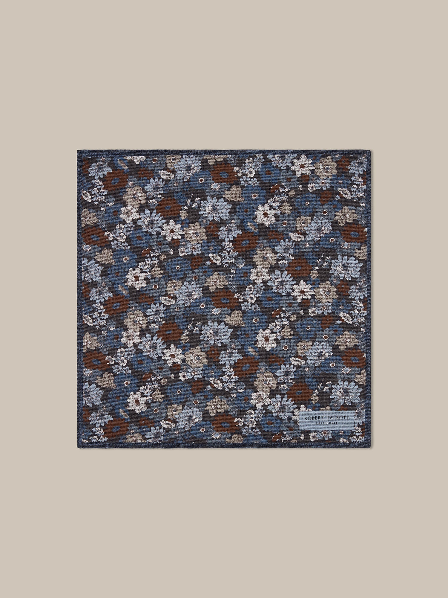 Collins Silk Reversible Floral/Solid Pocket Square in Blue and Brown Multi by Robert Talbott