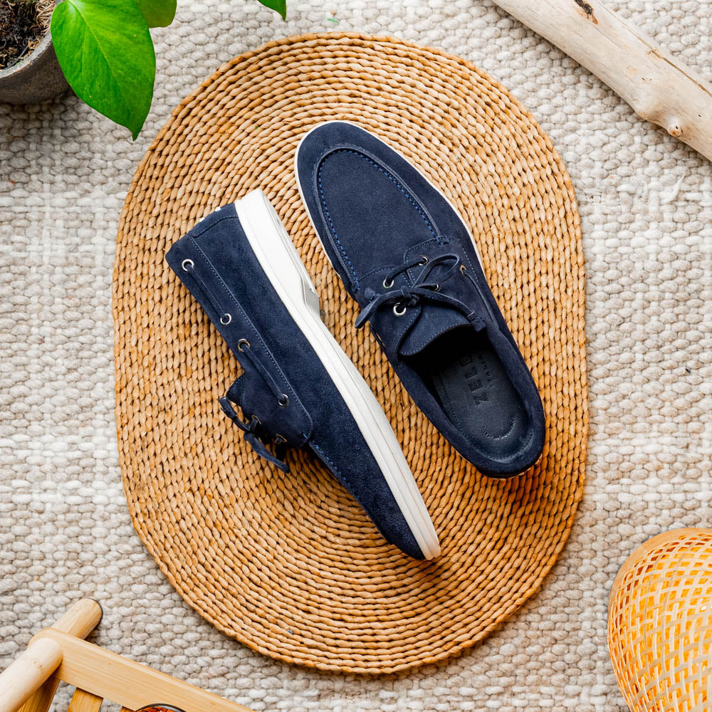 Venice Italian Sueded Goatskin Boat Shoes in Navy by Zelli Italia
