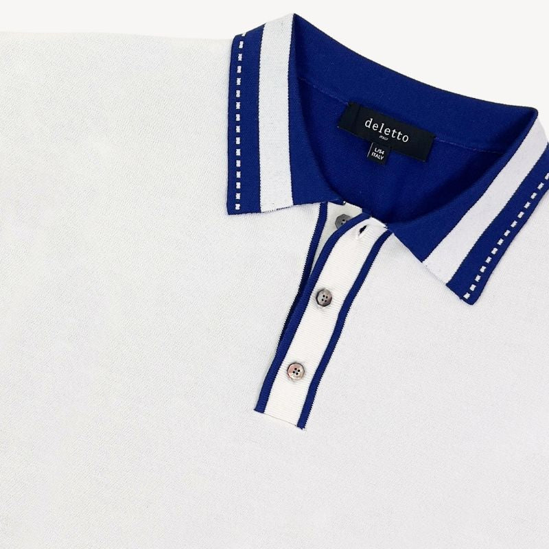 Matteo Pima Cotton Button-Neck Polo in Off White and Navy by Deletto Italy
