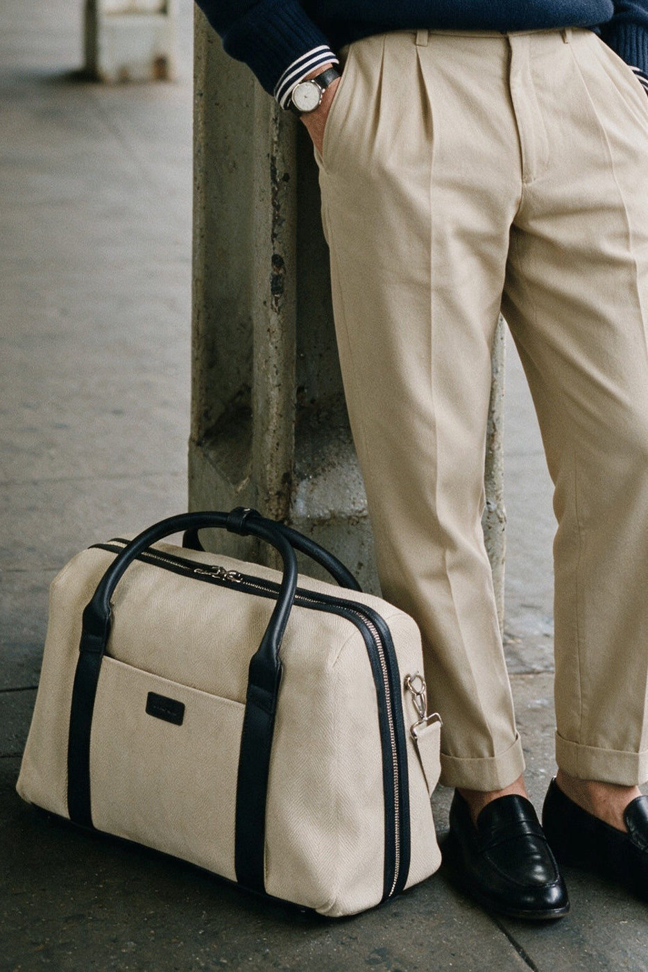 Duffle Suitcase in Beige Herringbone Waxed Canvas with Black Leather Trim by Wool & Oak