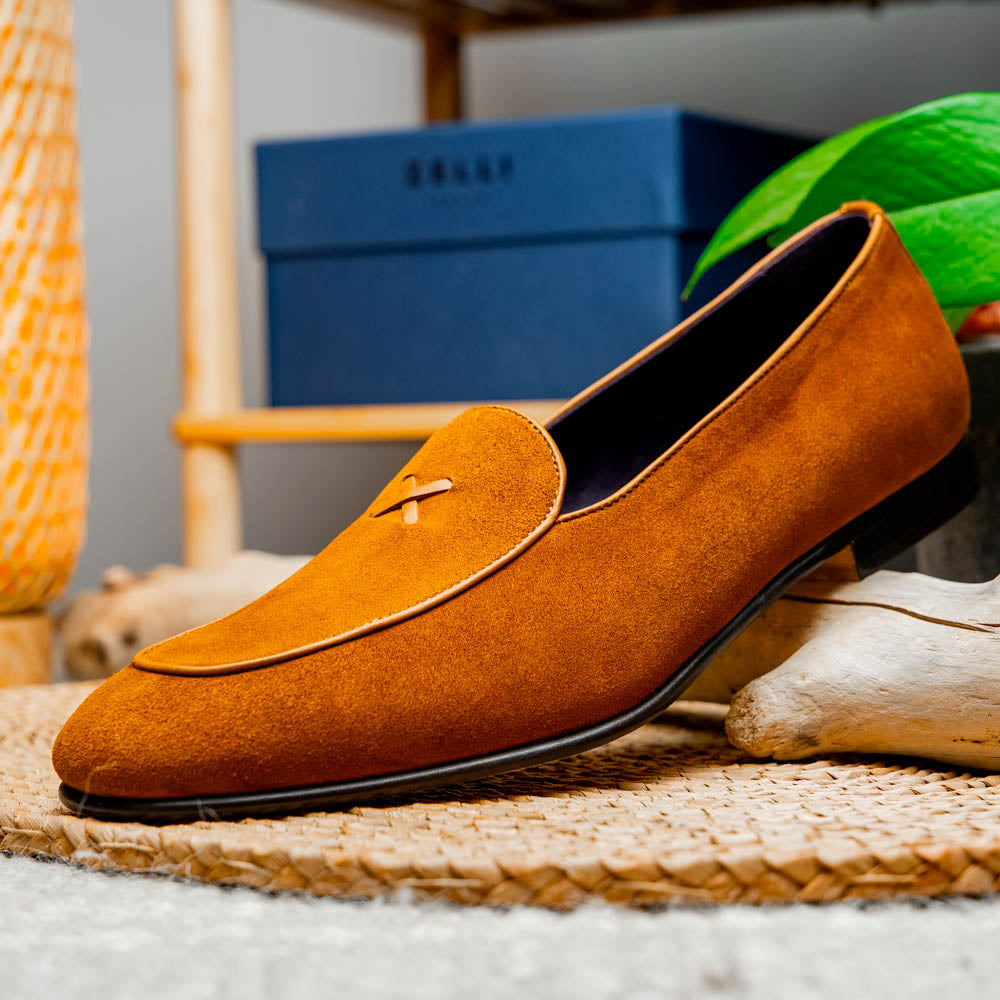 X Italian Sueded Goatskin Loafer in Cognac by Zelli Italia