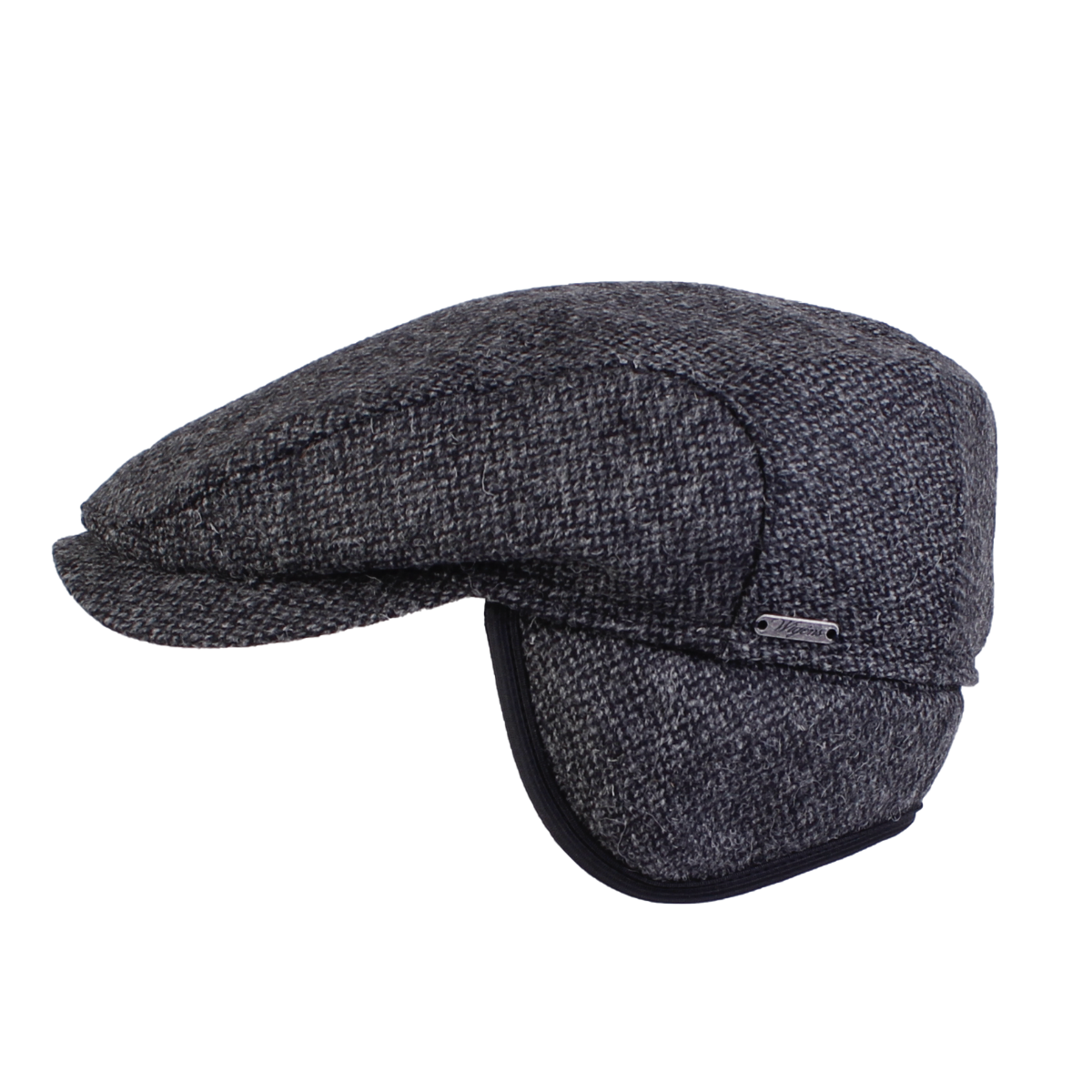 Ivy Contemporary Cap with Earflaps in Goose Eye Wool Dark Grey (Size 56) by Wigens