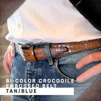 Bi-Color Crocodile Embossed Calfskin Belt in Tan and Blue by Torino Leather