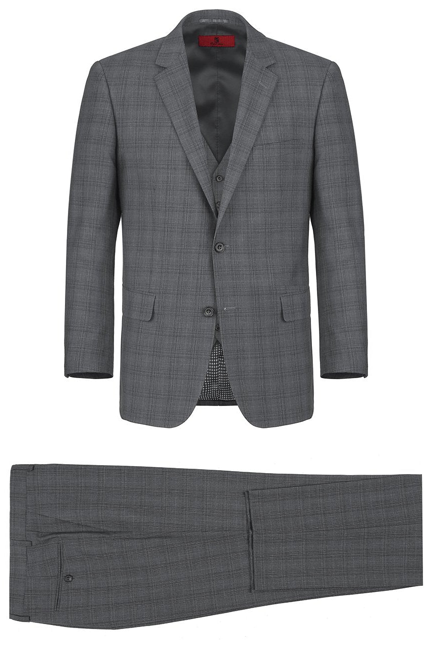 Performance 3-Piece CLASSIC FIT Suit in Grey Windowpane Check (Size 40R - 34 Waist) by Renoir