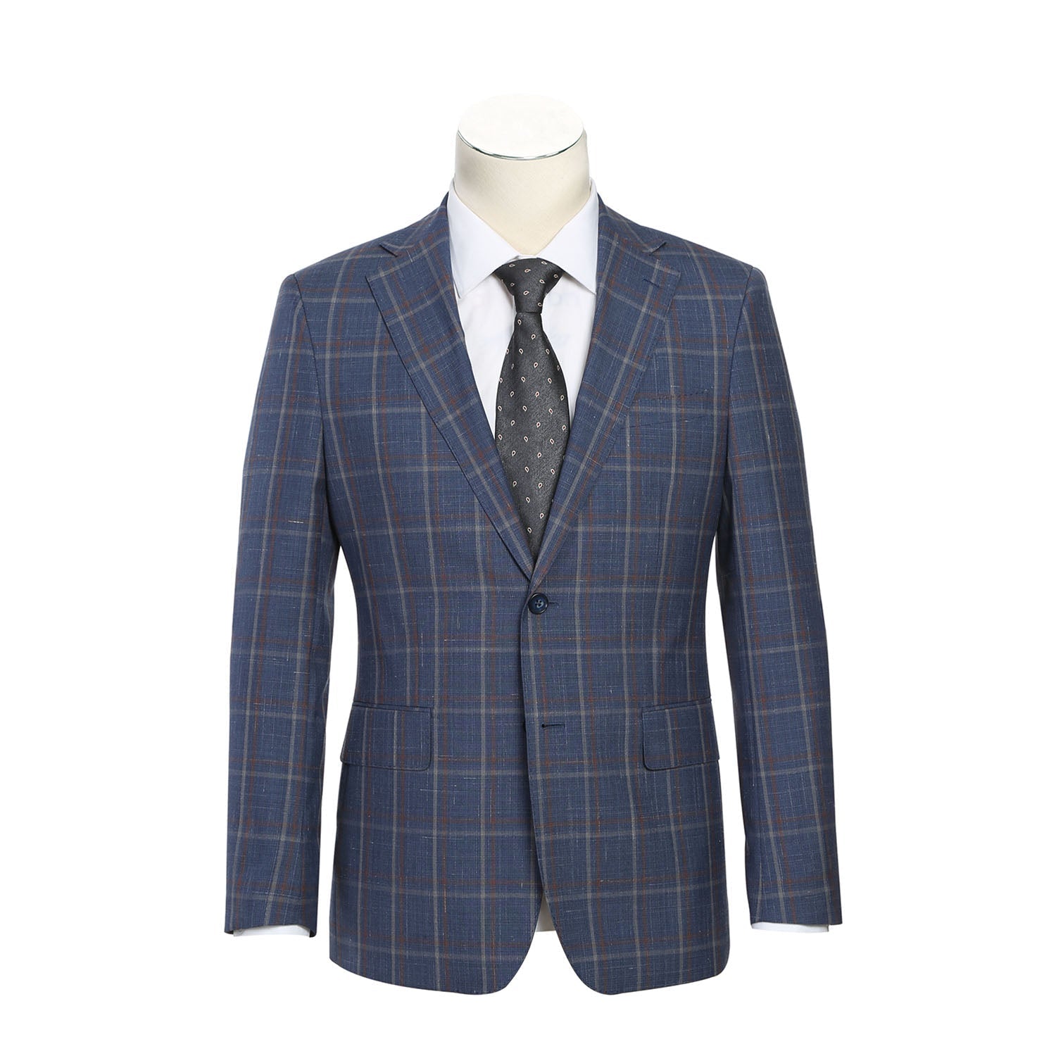 Wool Stretch with Linen Single Breasted SLIM FIT Suit in Steel Blue and Orange Plaid (Short, Regular, and Long Available) by English Laundry