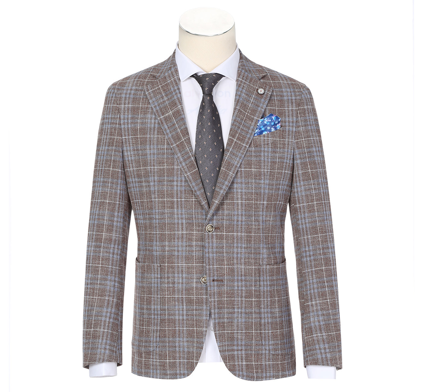 Single Breasted SLIM FIT Half Canvas Cotton/Linen Soft Jacket in Brown and Blue Plaid (Short and Regular Available) by Pelago