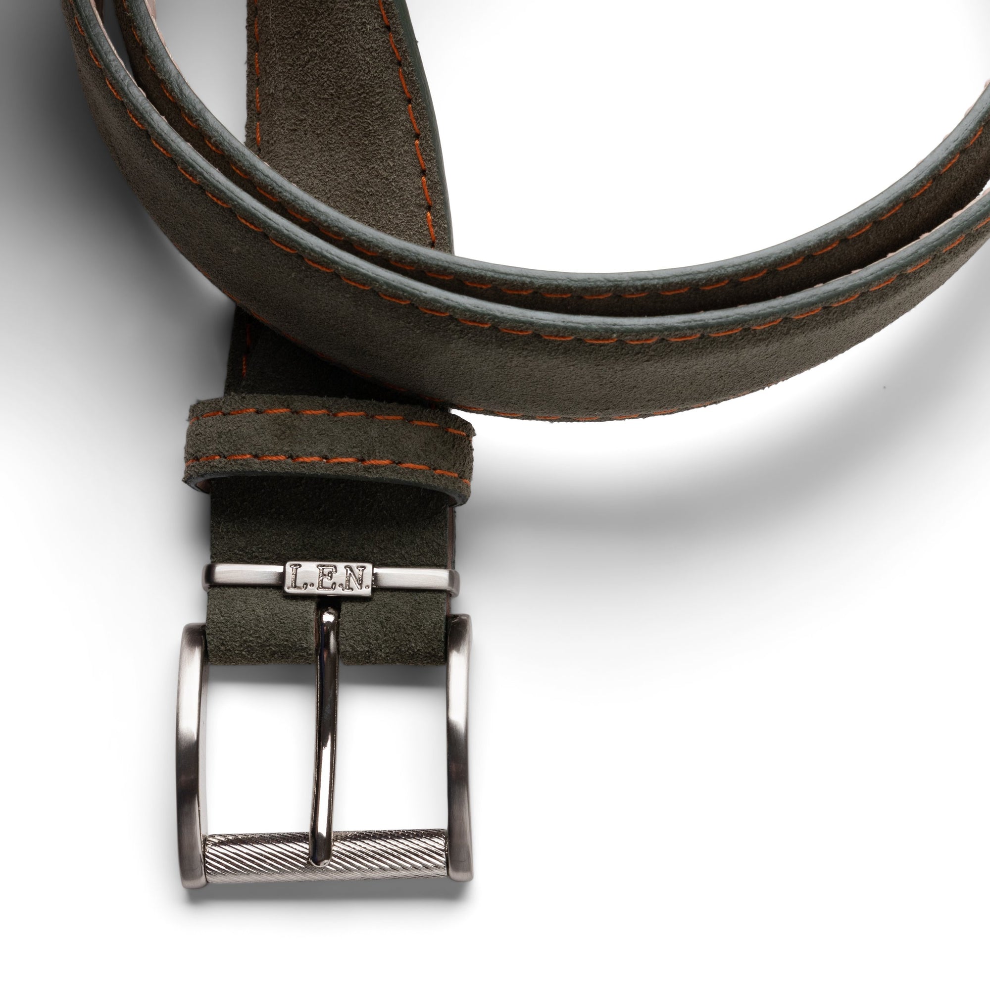 Italian Suede Belt in Olive with Orange Stitching by L.E.N. Bespoke