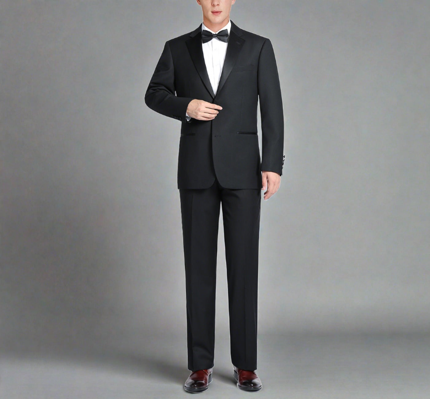 Super 140s Wool Satin Notched Lapel SLIM FIT Tuxedo in Black (Short, Regular, and Long Available) by Renoir