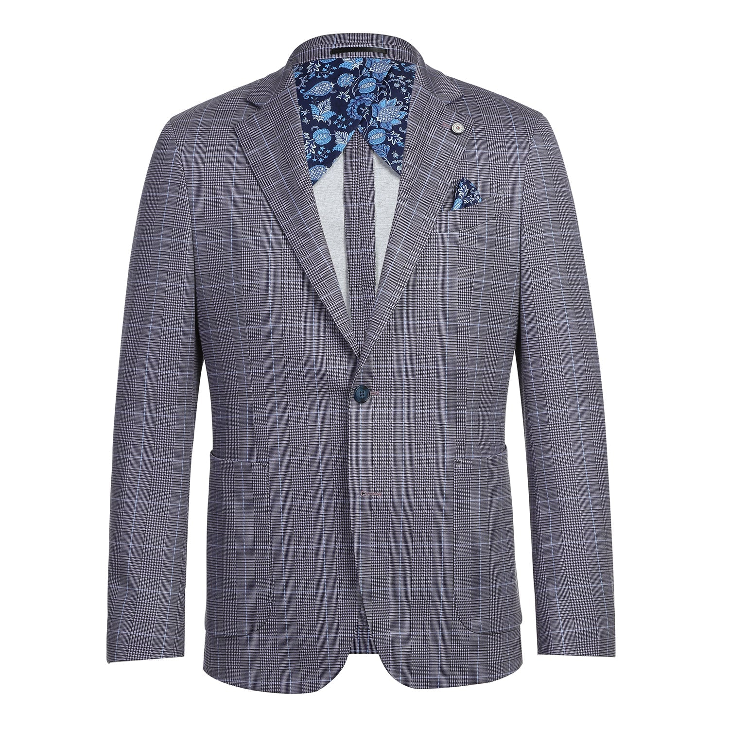 Single Breasted SLIM FIT Half Canvas Soft Jacket in Blue Grey Houndstooth Plaid (Short, Regular, and Long Available) by Pelago