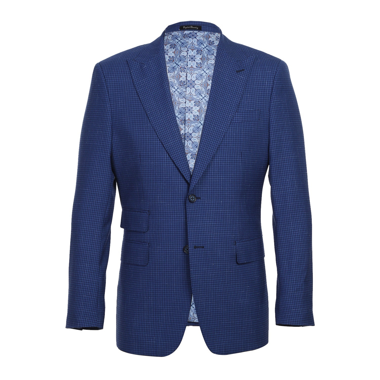 Wool Stretch with Linen Double Breasted SLIM FIT Suit in Blue Mini Check (Short, Regular, and Long Available) by English Laundry