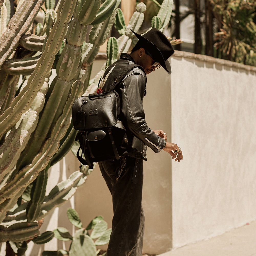 Lennon Canvas and Leather Backpack in Black with Black Leather by Will Leather Goods