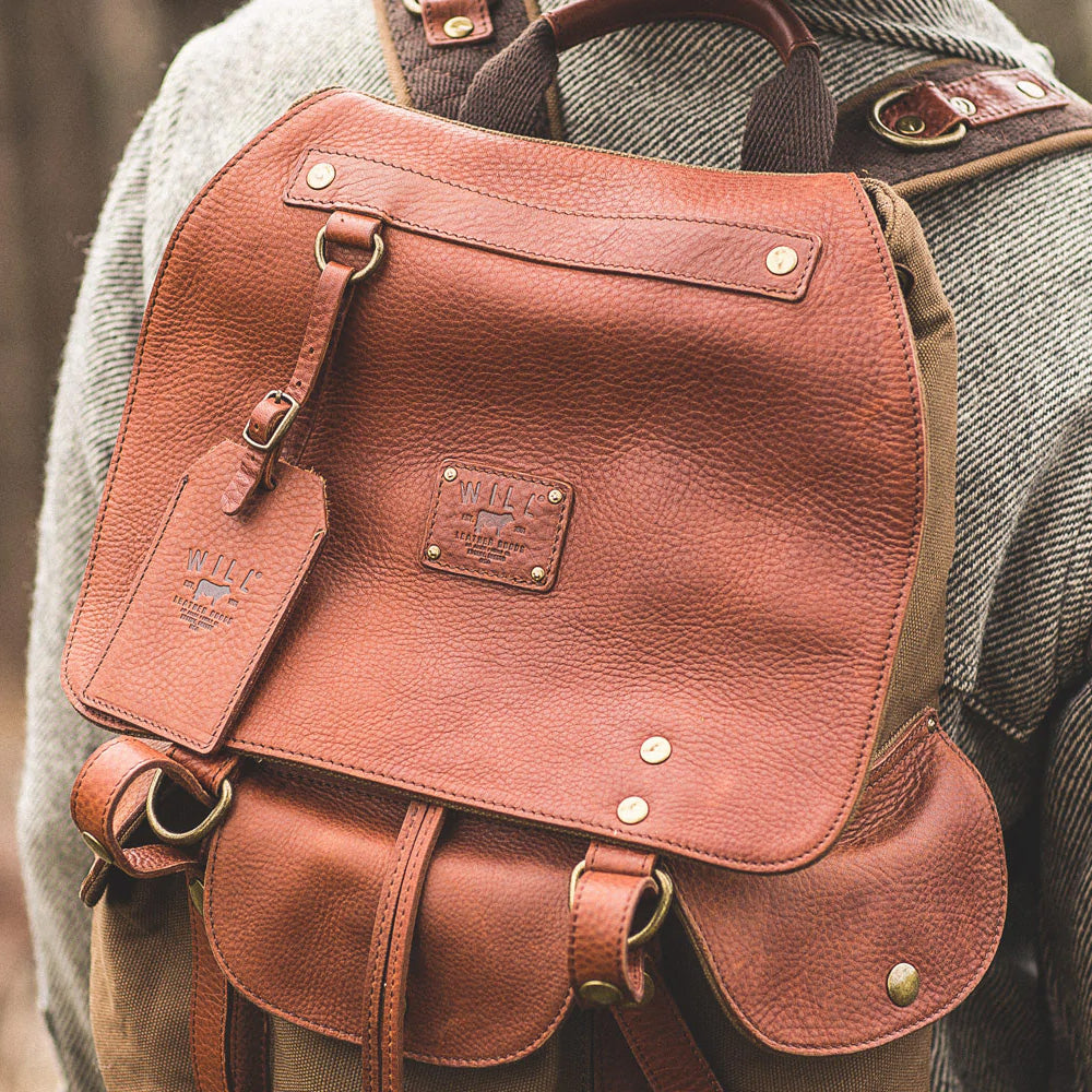 Lennon Canvas and Leather Backpack in Tobacco with Cognac Leather by Will Leather Goods