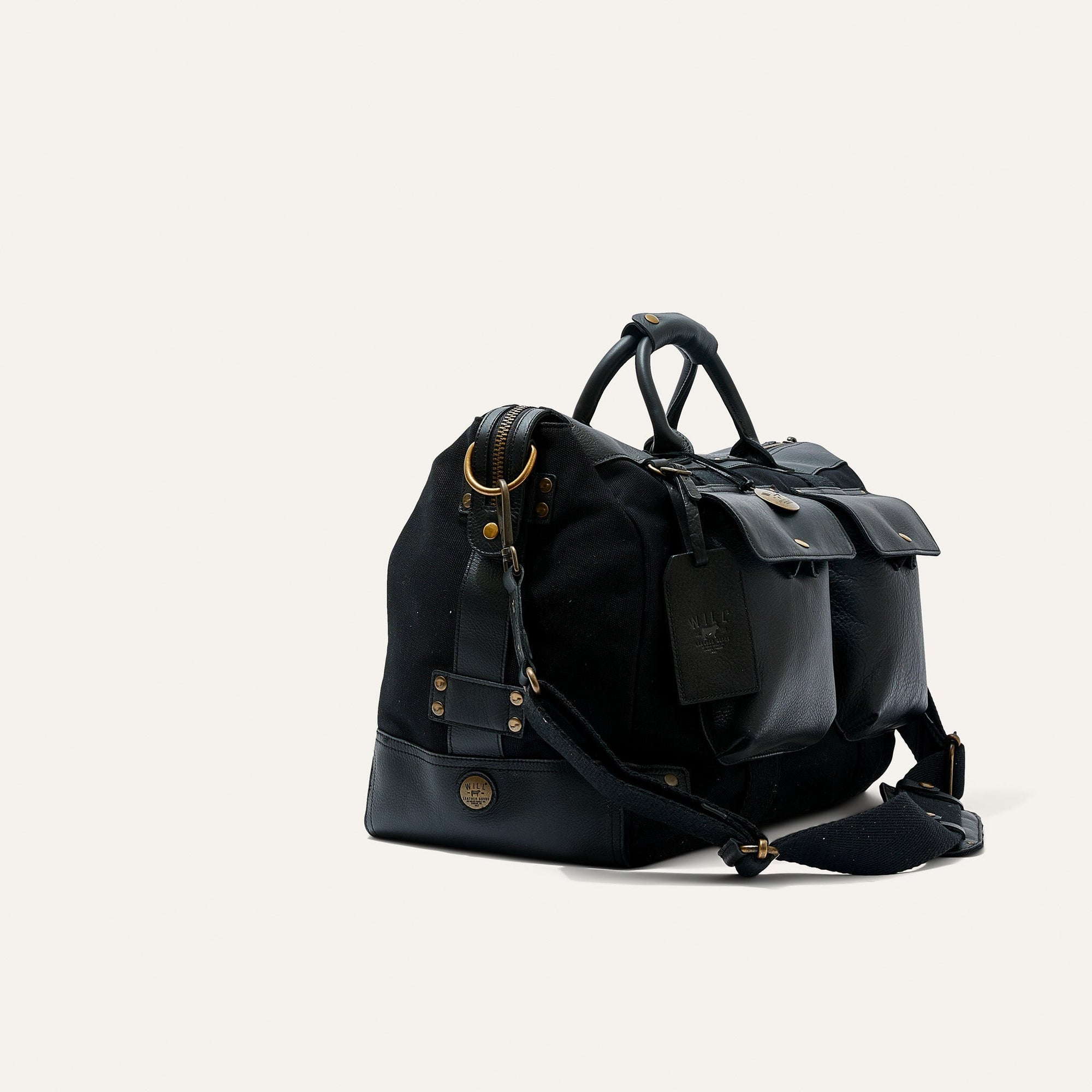 Canvas and Leather Travel Duffle in Black with Black Leather by Will Leather Goods