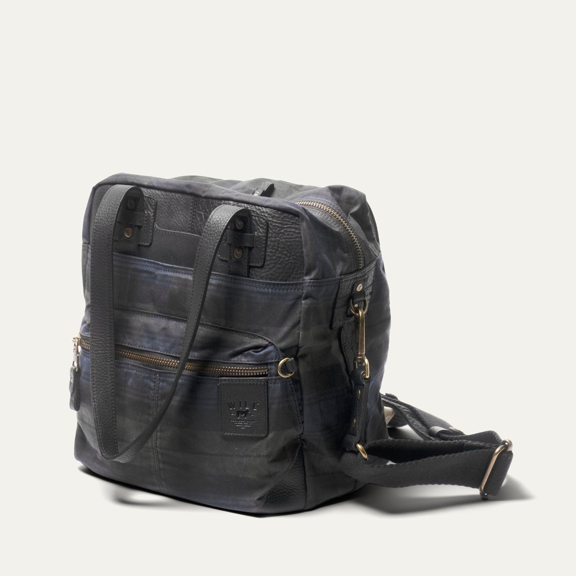 Waxed Canvas and Leather 'Adventure Collection' Onward Tote in Black/Navy Plaid by Will Leather Goods