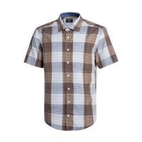 Copper and Grey Plaid Short Sleeve No-Iron Cotton Sport Shirt with Hidden Button Down Collar by Leo Chevalier