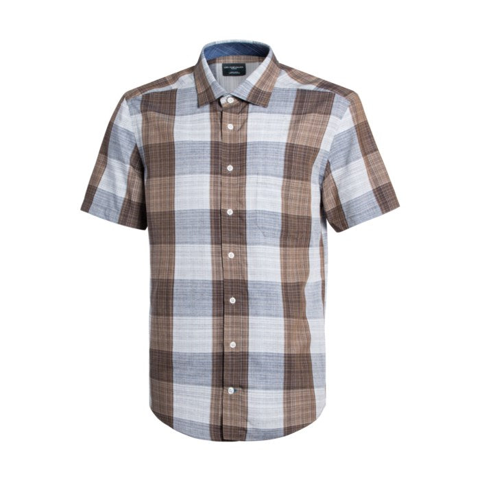 Copper and Grey Plaid Short Sleeve No-Iron Cotton Sport Shirt with Hidden Button Down Collar by Leo Chevalier