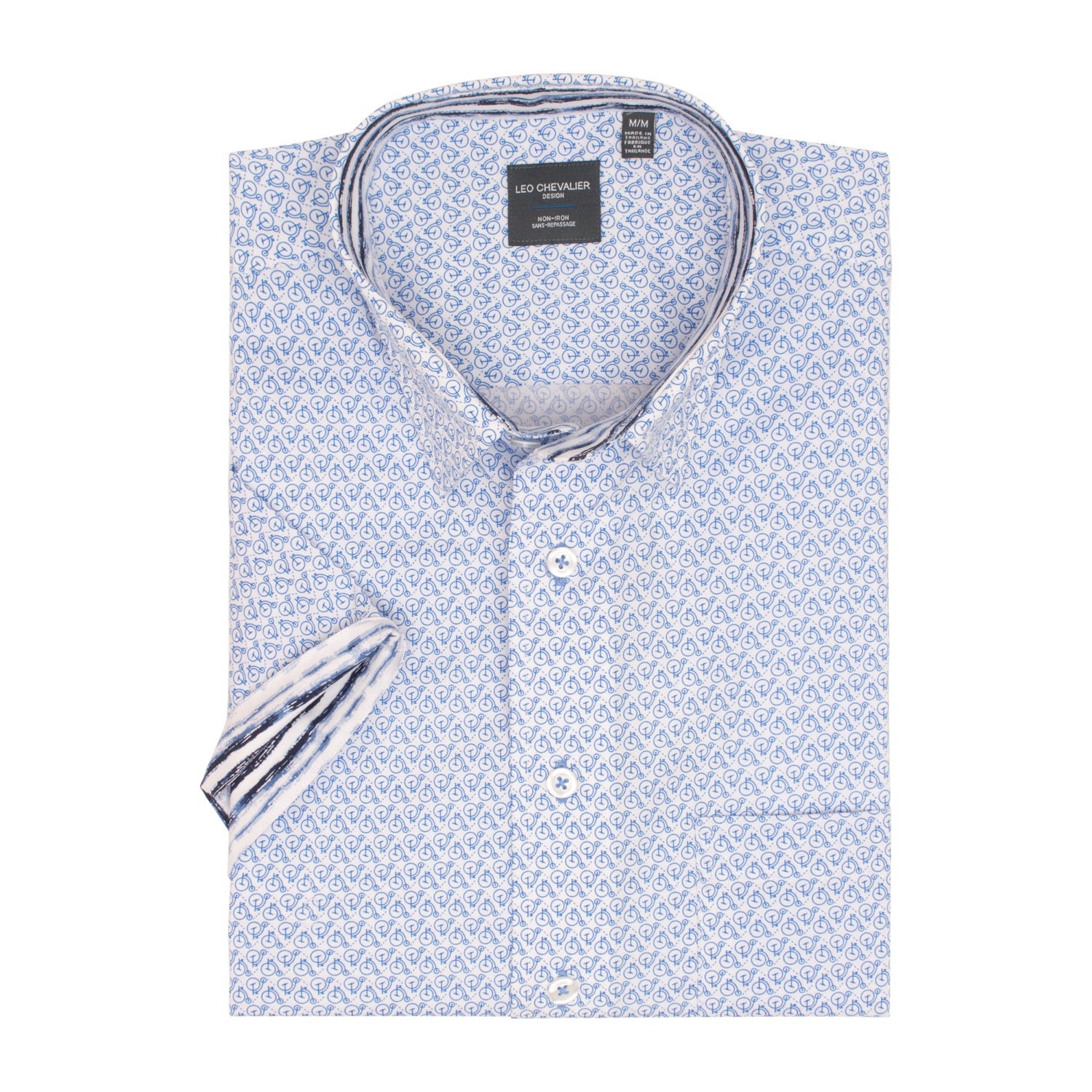 Blue Penny Farthing Print Short Sleeve No-Iron Cotton Sport Shirt with Hidden Button Down Collar by Leo Chevalier