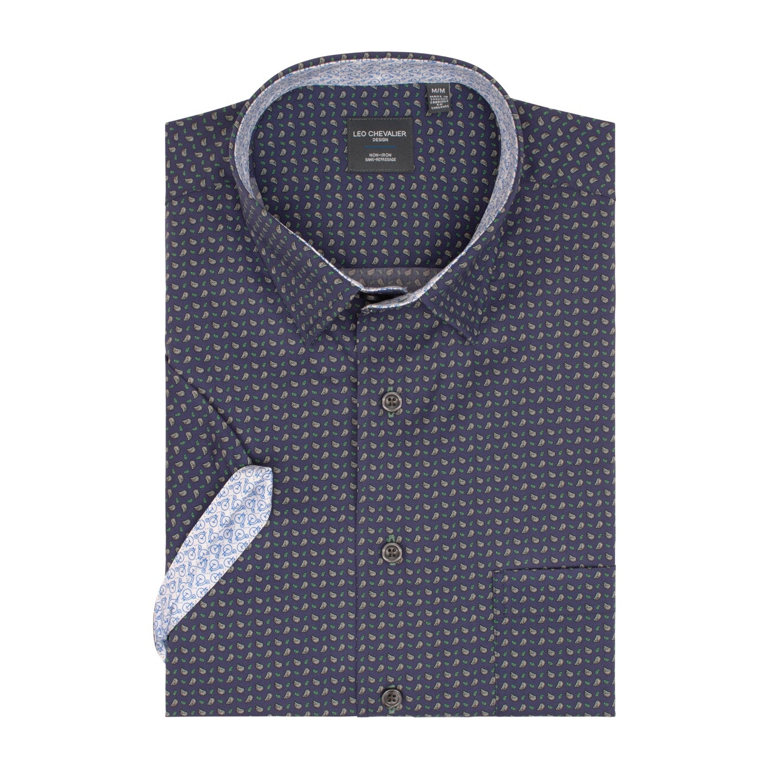 Navy Paisley Pine Print Short Sleeve No-Iron Cotton Sport Shirt with Hidden Button Down Collar by Leo Chevalier