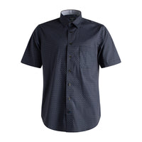 Navy Paisley Pine Print Short Sleeve No-Iron Cotton Sport Shirt with Hidden Button Down Collar by Leo Chevalier