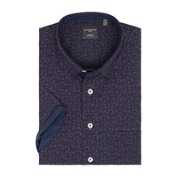 Navy Firework Neat Print Short Sleeve No-Iron Cotton Sport Shirt with Spread Collar by Leo Chevalier