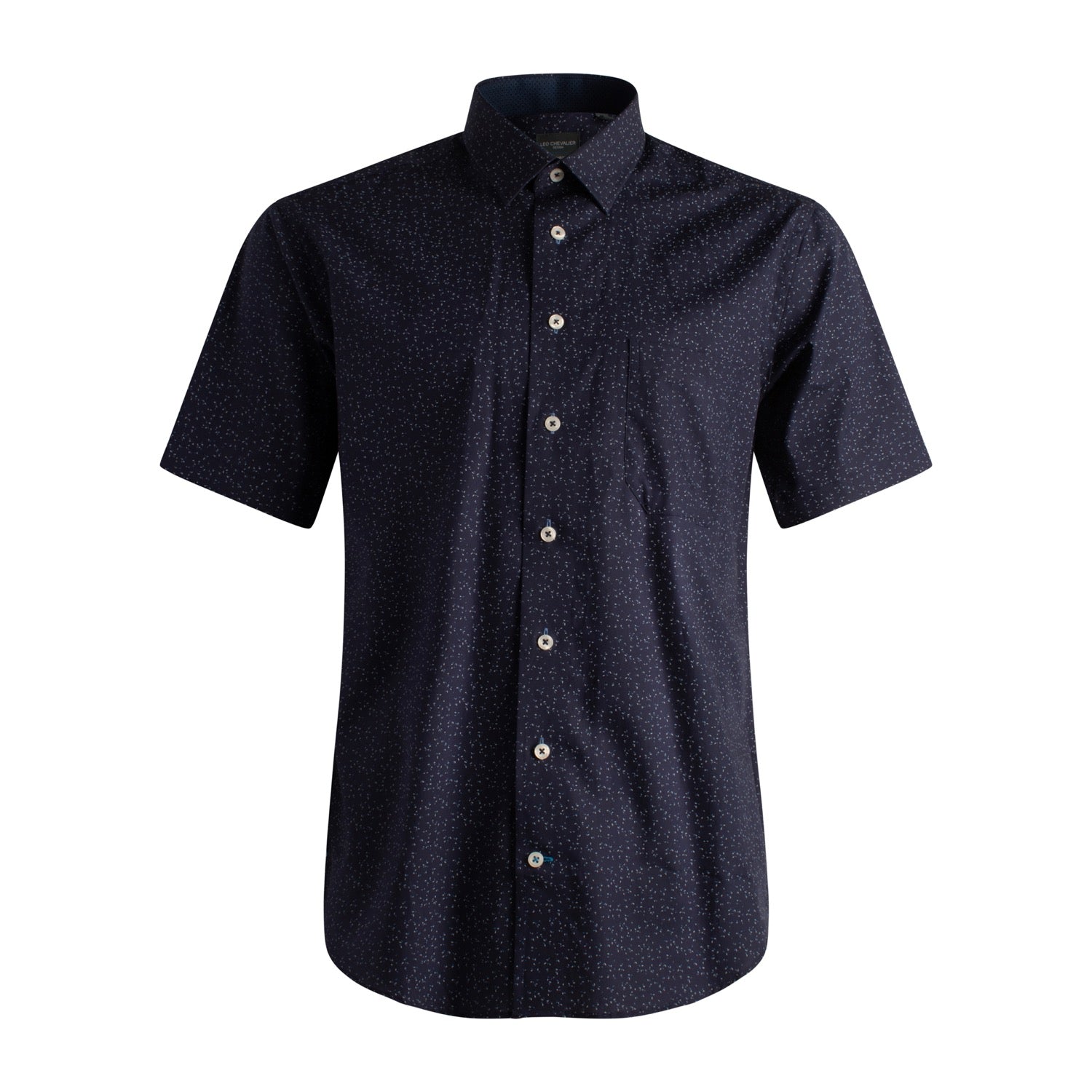 Navy Firework Neat Print Short Sleeve No-Iron Cotton Sport Shirt with Spread Collar by Leo Chevalier