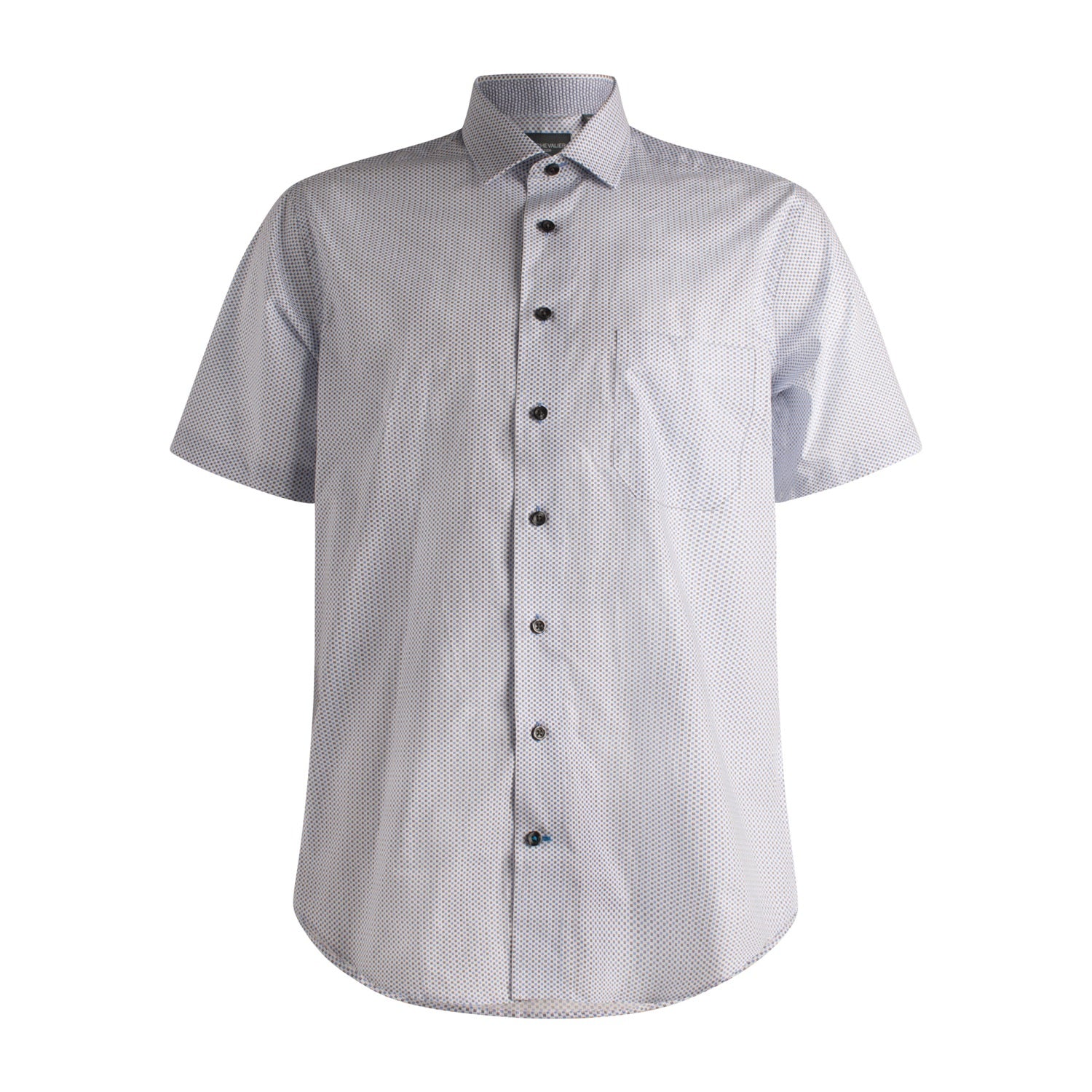 Blue and White Neat Print Short Sleeve No-Iron Cotton Sport Shirt with Spread Collar by Leo Chevalier