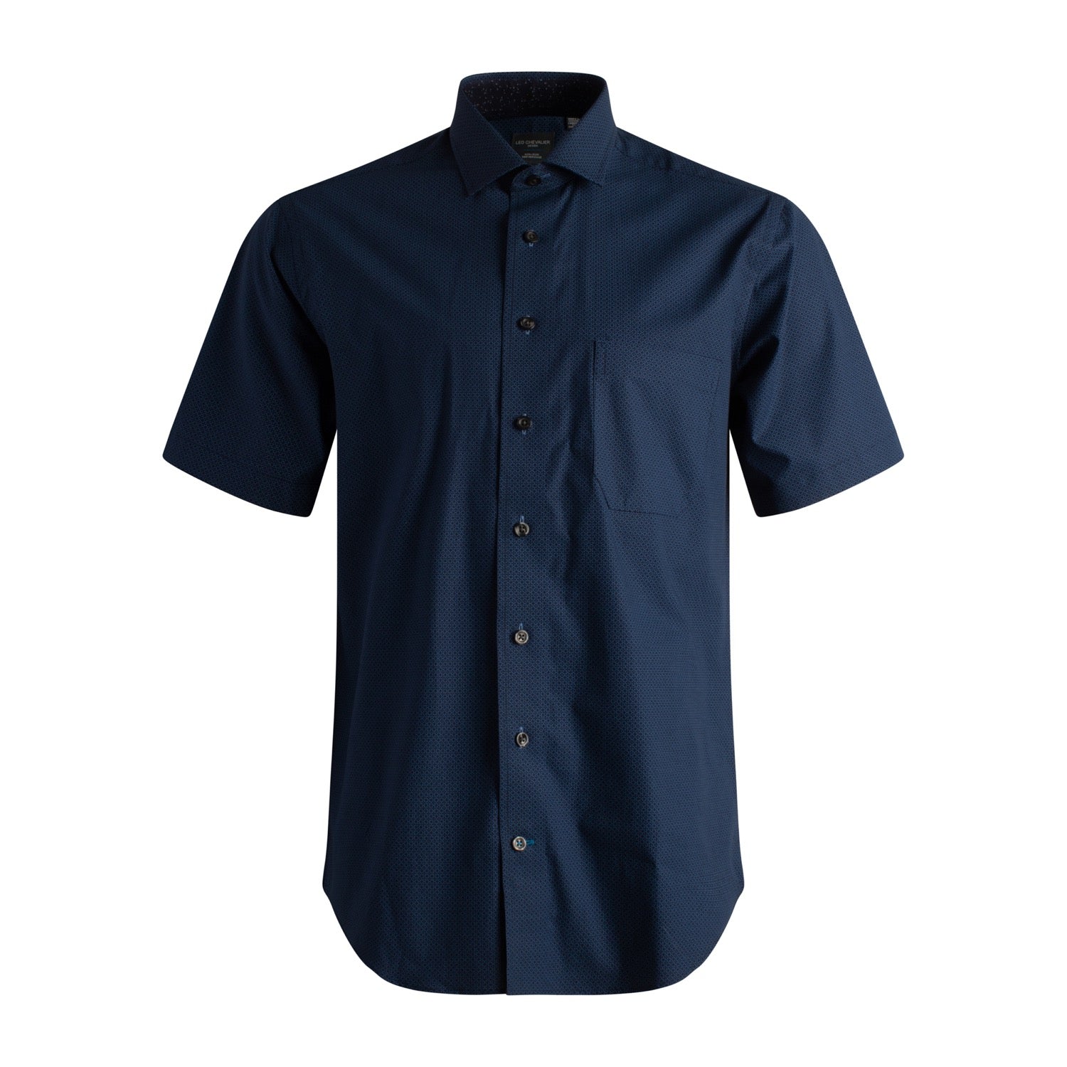 Navy Neat Print Short Sleeve No-Iron Cotton Sport Shirt with Spread Collar by Leo Chevalier