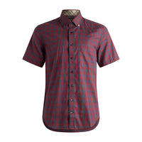 Red and Blue Plaid Short Sleeve No-Iron Cotton Sport Shirt with Button Down Collar by Leo Chevalier