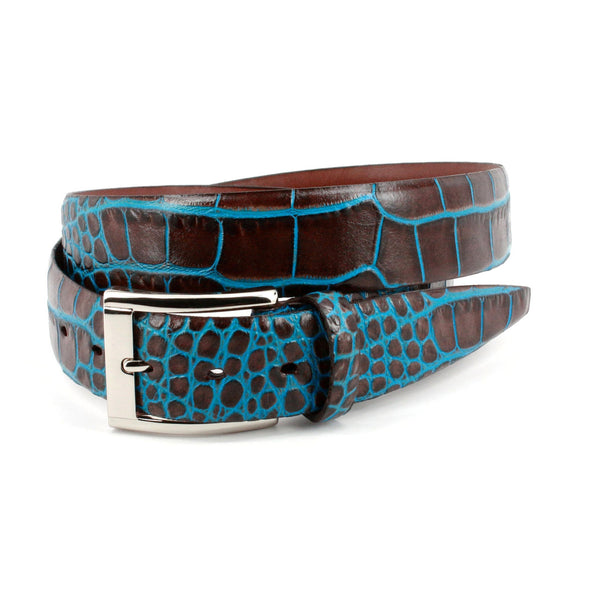 Bi-Color Crocodile Embossed Calfskin Belt in Tan / Blue by Torino