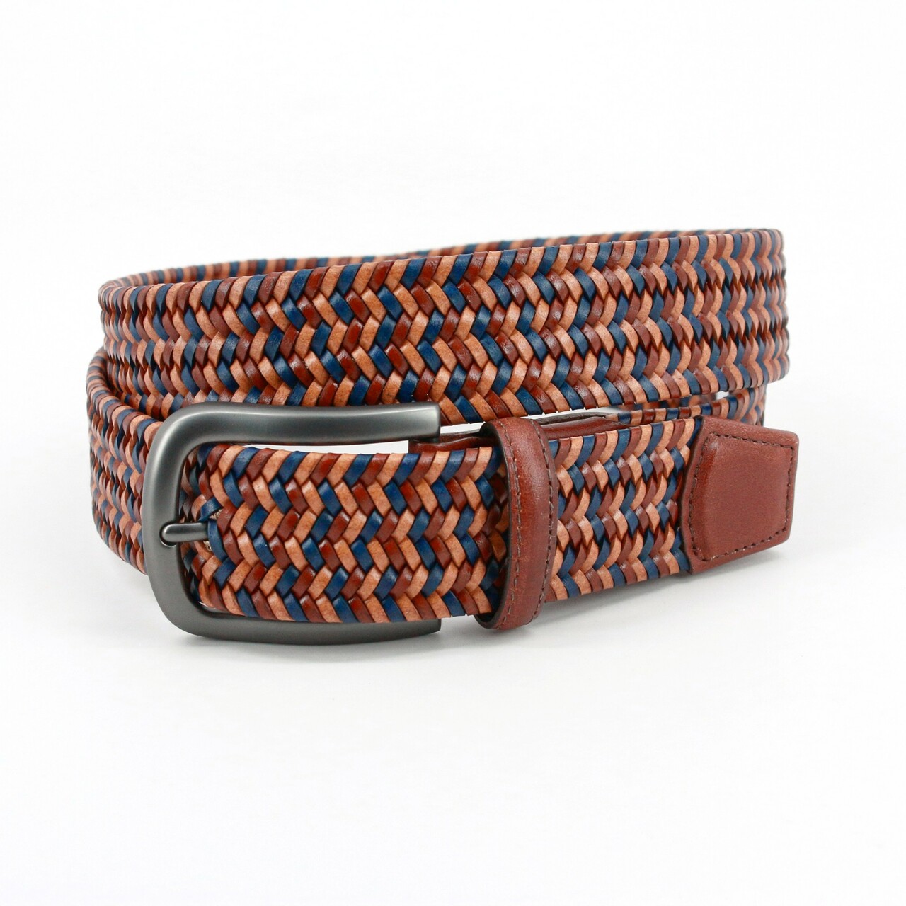Italian Mini Strand Woven Stretch Leather Belt in Tan, Blue, and Saddle by Torino Leather