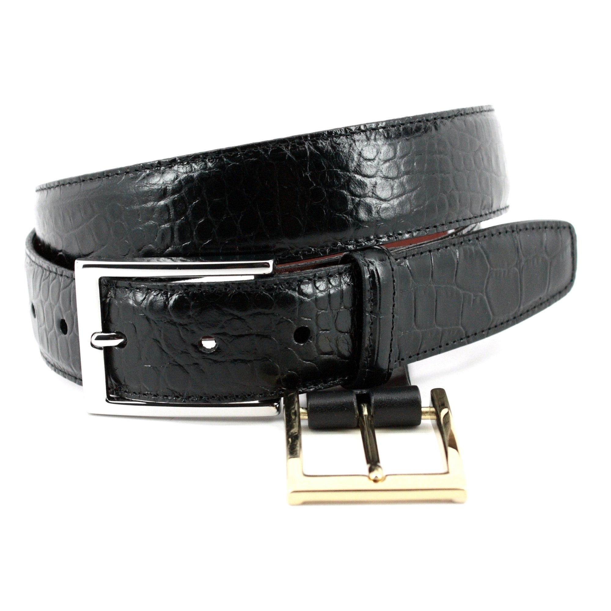Alligator Grain Embossed Calfskin Belt with Interchangeable Buckles in Black by Torino Leather