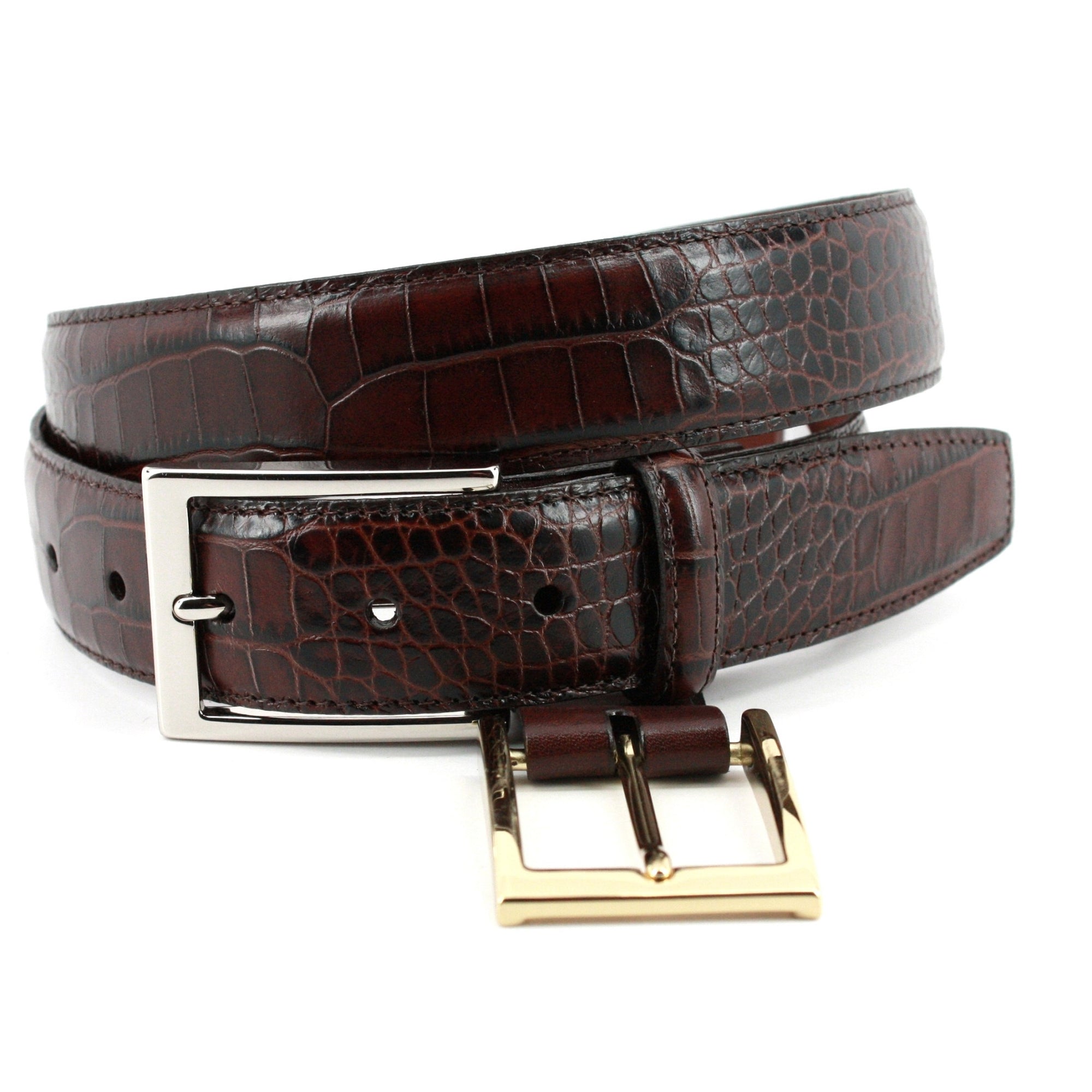 Alligator Grain Embossed Calfskin Belt with Interchangeable Buckles in Brown by Torino Leather