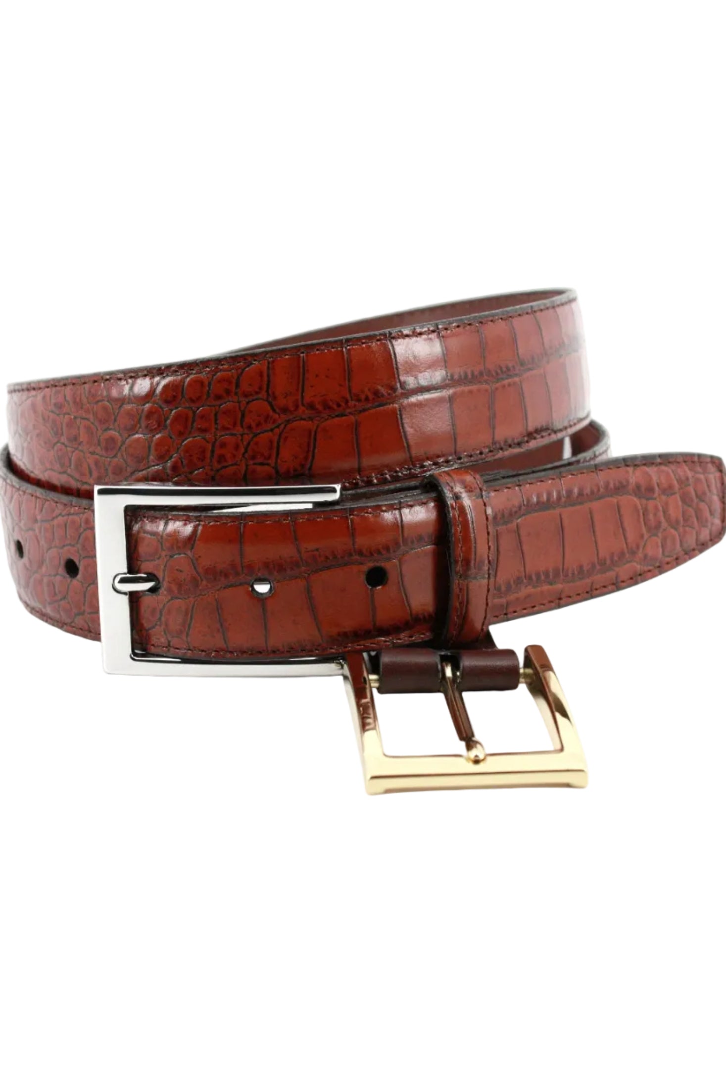 Alligator Grain Embossed Calfskin Belt with Interchangeable Buckles in Cognac by Torino Leather