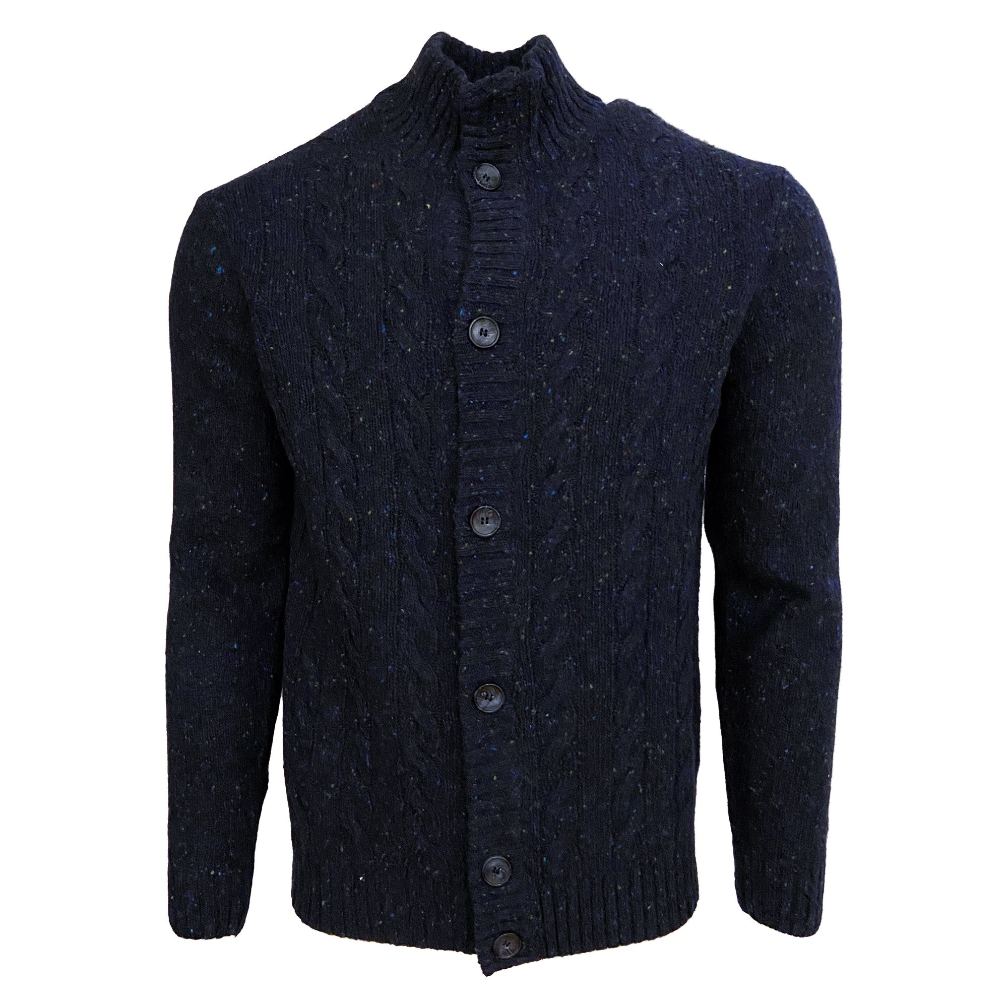 Marled Wool Blend Cable Knit Mock Neck Button-Front Cardigan Sweater in Indigo by Viyella