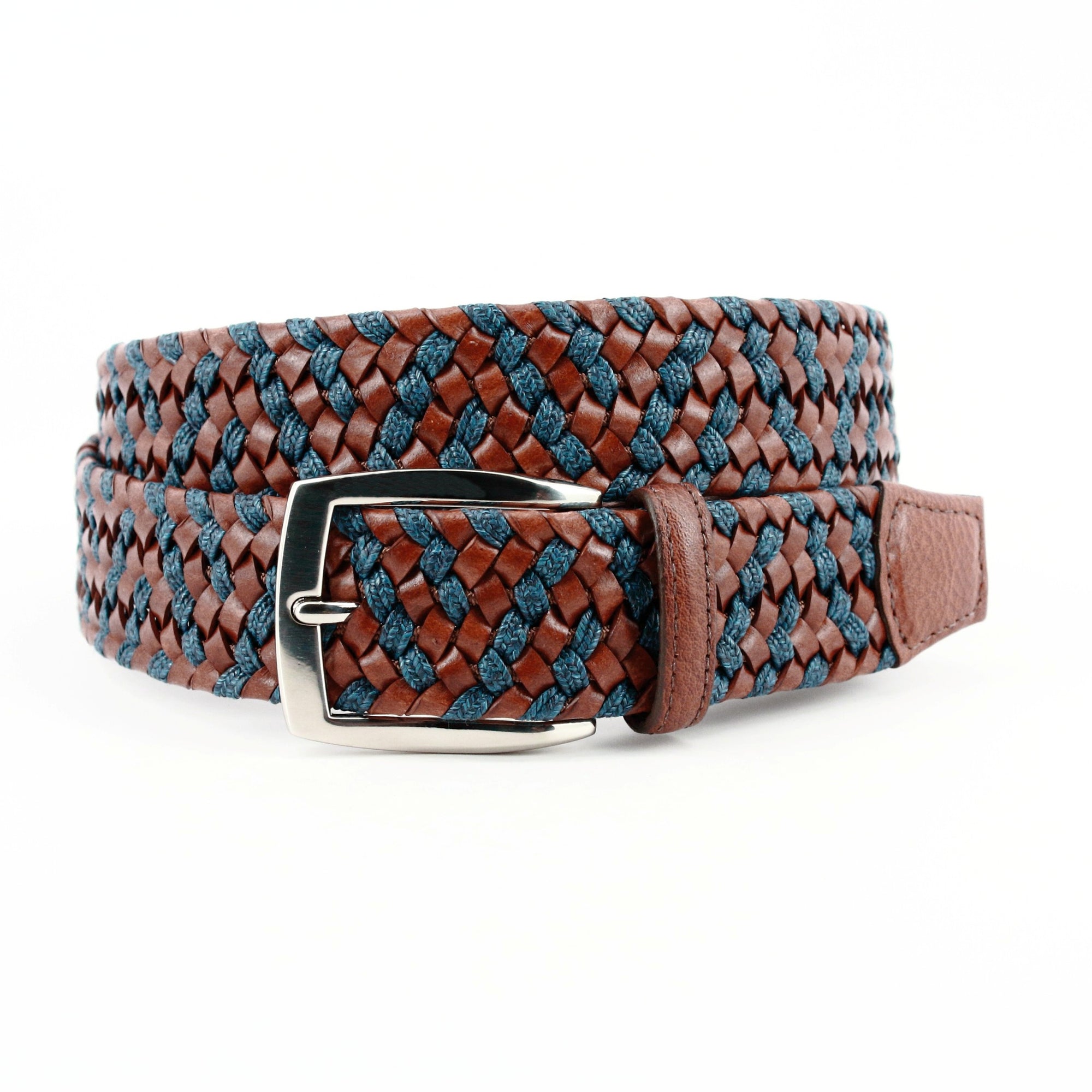 Braided Italian Leather and Linen Belt in Cognac and Navy by Torino Leather