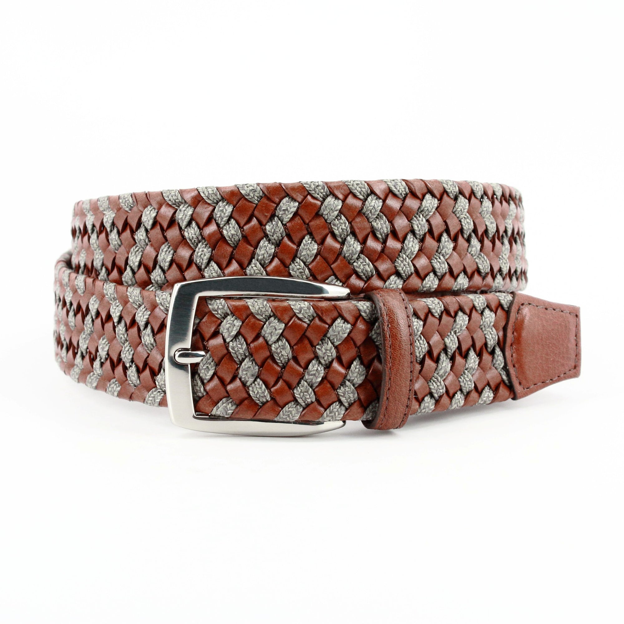 Braided Italian Leather and Linen Belt in Cognac and Taupe by Torino Leather