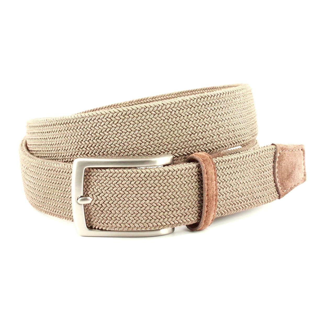 Italian Tubular Woven Stretch Belt with Suede End & Loop in Khaki by Torino Leather
