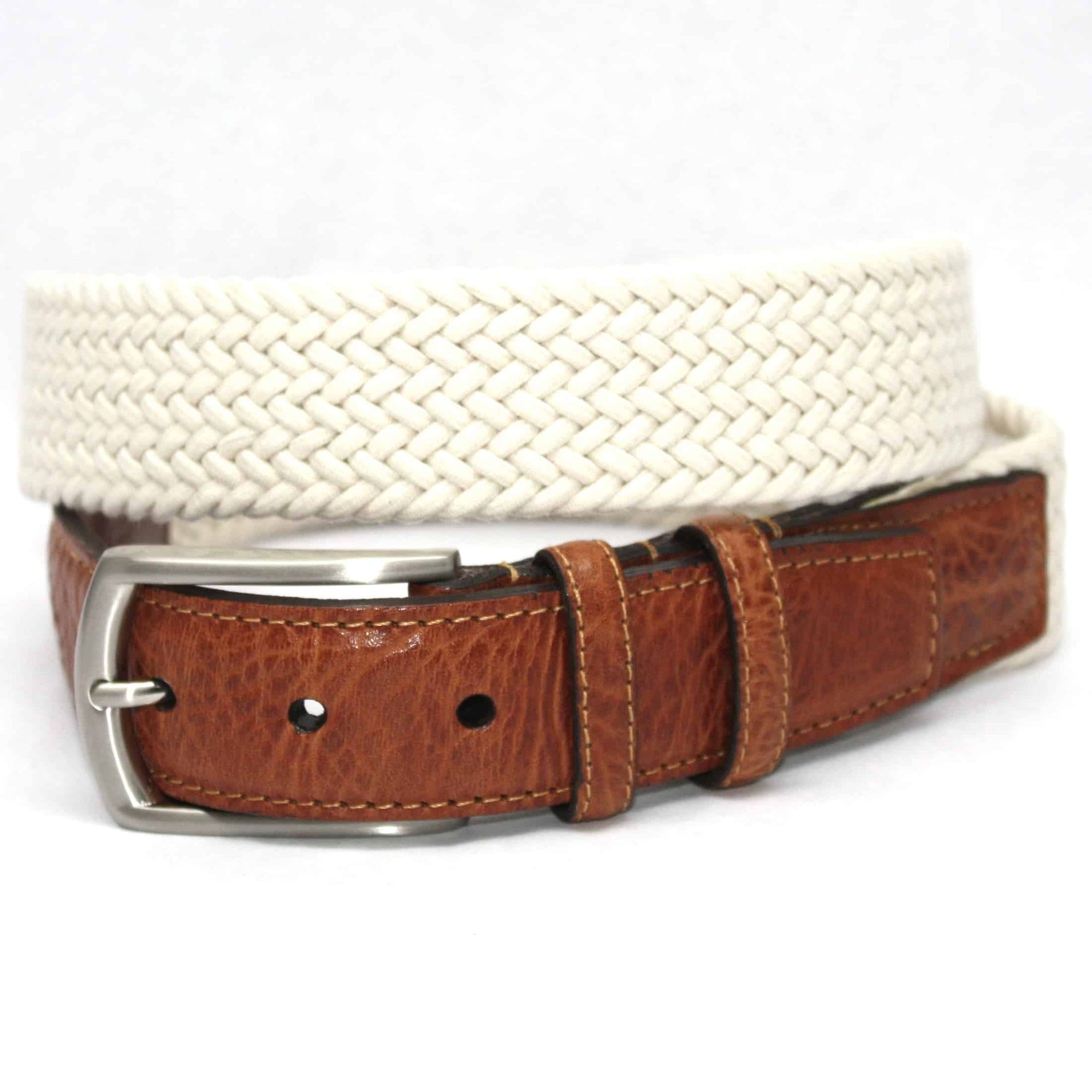 Italian Woven Cotton Elastic Belt in Cream by Torino Leather