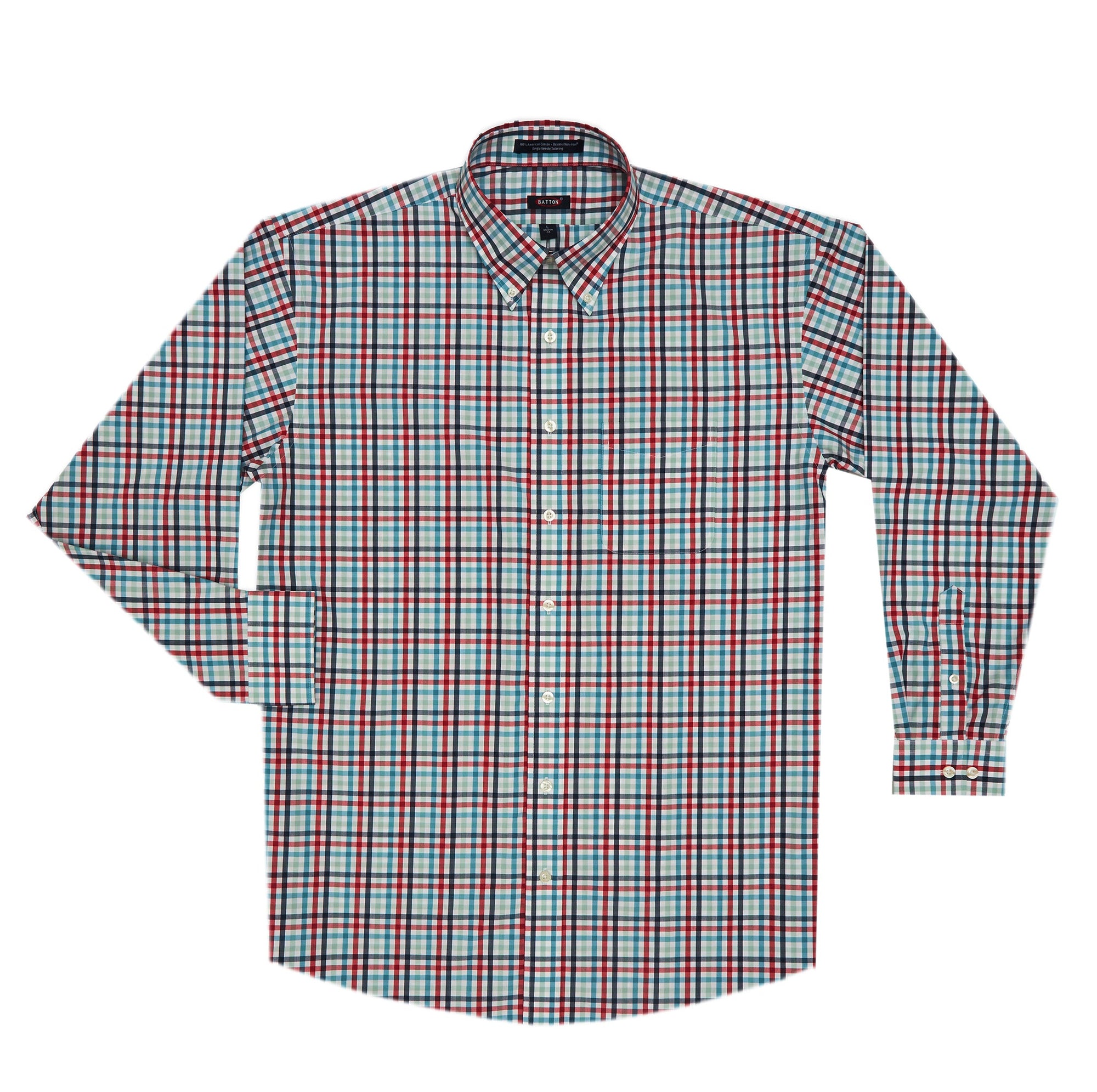 'Justin' Red, Navy, and Aqua Check Beyond Non-Iron® Cotton Sport Shirt by Batton