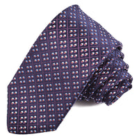 Navy, Purple, and Sky Diamond Geometric Plaid Woven Silk Jacquard Tie by Dion Neckwear