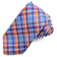 Blue, Orange, and Lilac Multi Plaid Cotton and Silk Woven Jacquard Tie by Dion Neckwear