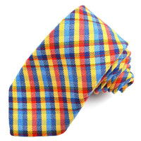 Yellow, Red, and Royal Multi Plaid Cotton and Silk Woven Jacquard Tie by Dion Neckwear