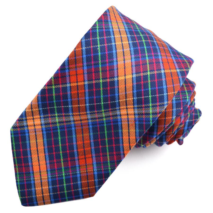 Navy and Orange Multi Plaid Cotton and Silk Woven Jacquard Tie by Dion Neckwear